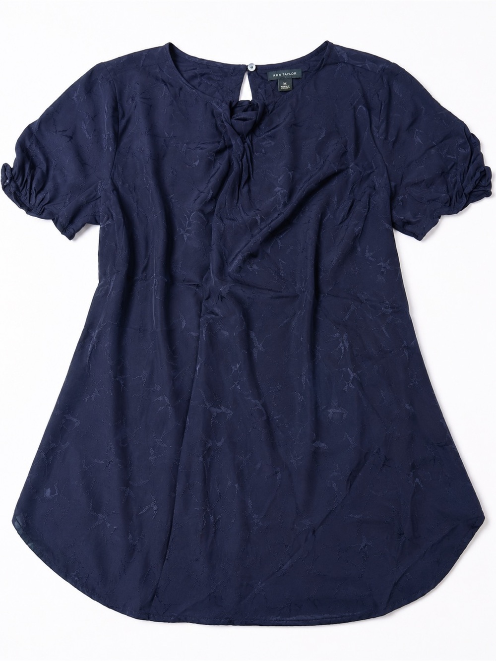 Ann Taylor Navy Textured Bird Print Blouse | Medium | Feminine Workwear Chic